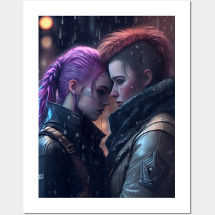 Futuristic Cyberpunk Lesbian Lovers Embrace in Emotional Portrait Posters and Art